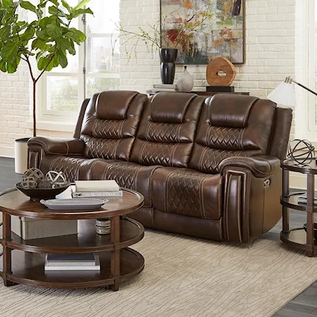 Transitional Power Reclining Sofa with Pillow Arms, Power Headrest, and Diamond Quilted Quilted Stitching